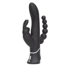 Black Happy Rabbit vibrator Elite Triple Curve shown in hand for scale