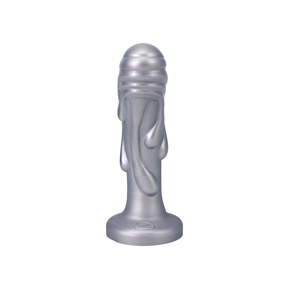 7 inch Dildo by Tantus in Silver Steel Chrome shown for pegging Her or Him
