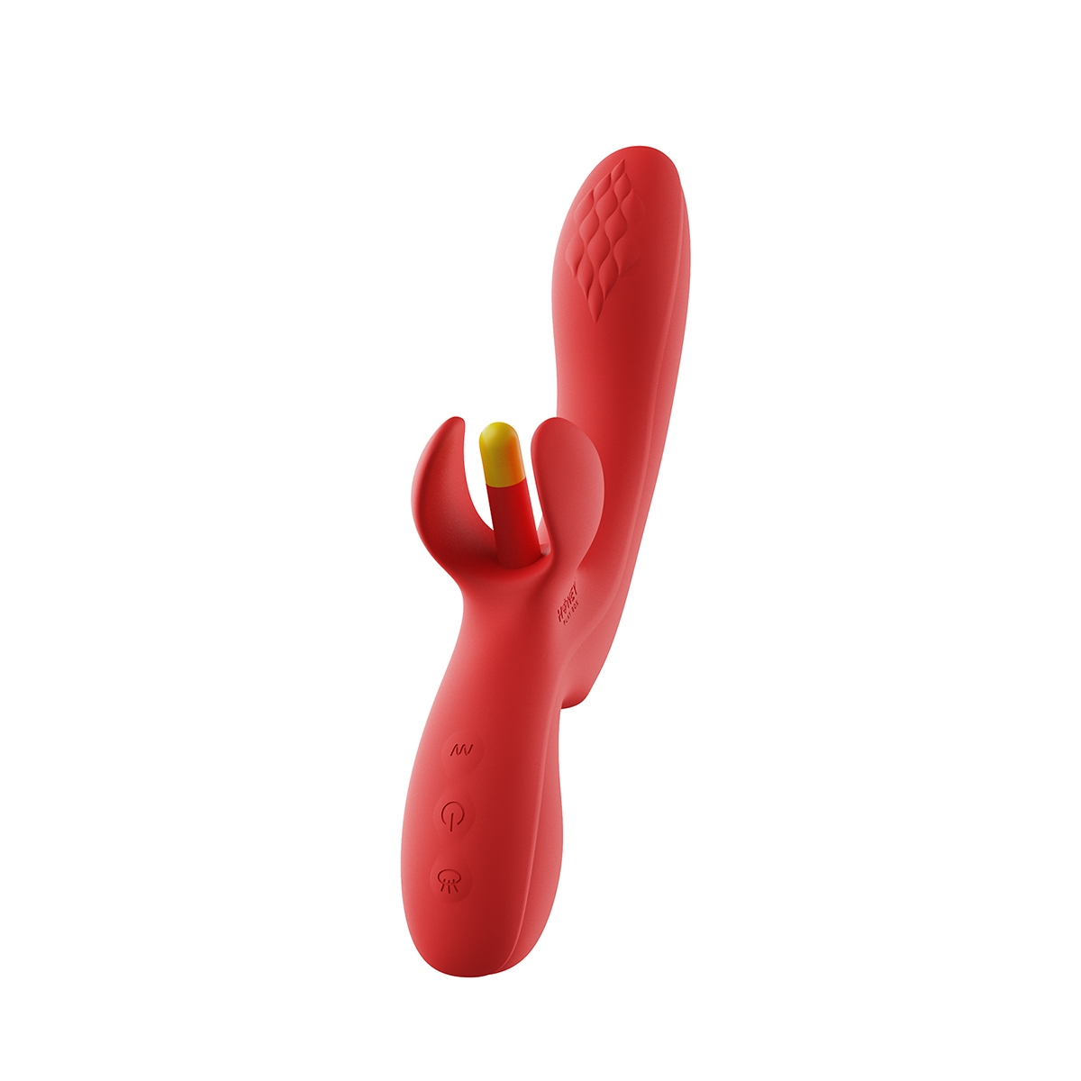 Red Honey Play Box vibrator Fortexa App-Controlled Kinky Finger Flapping Dual Stimulator shown in hand for scale