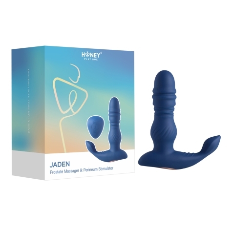 Honey Play Box vibrator HPB Jaden Thrust Vibr Prostate Indigo shown in hand for scale