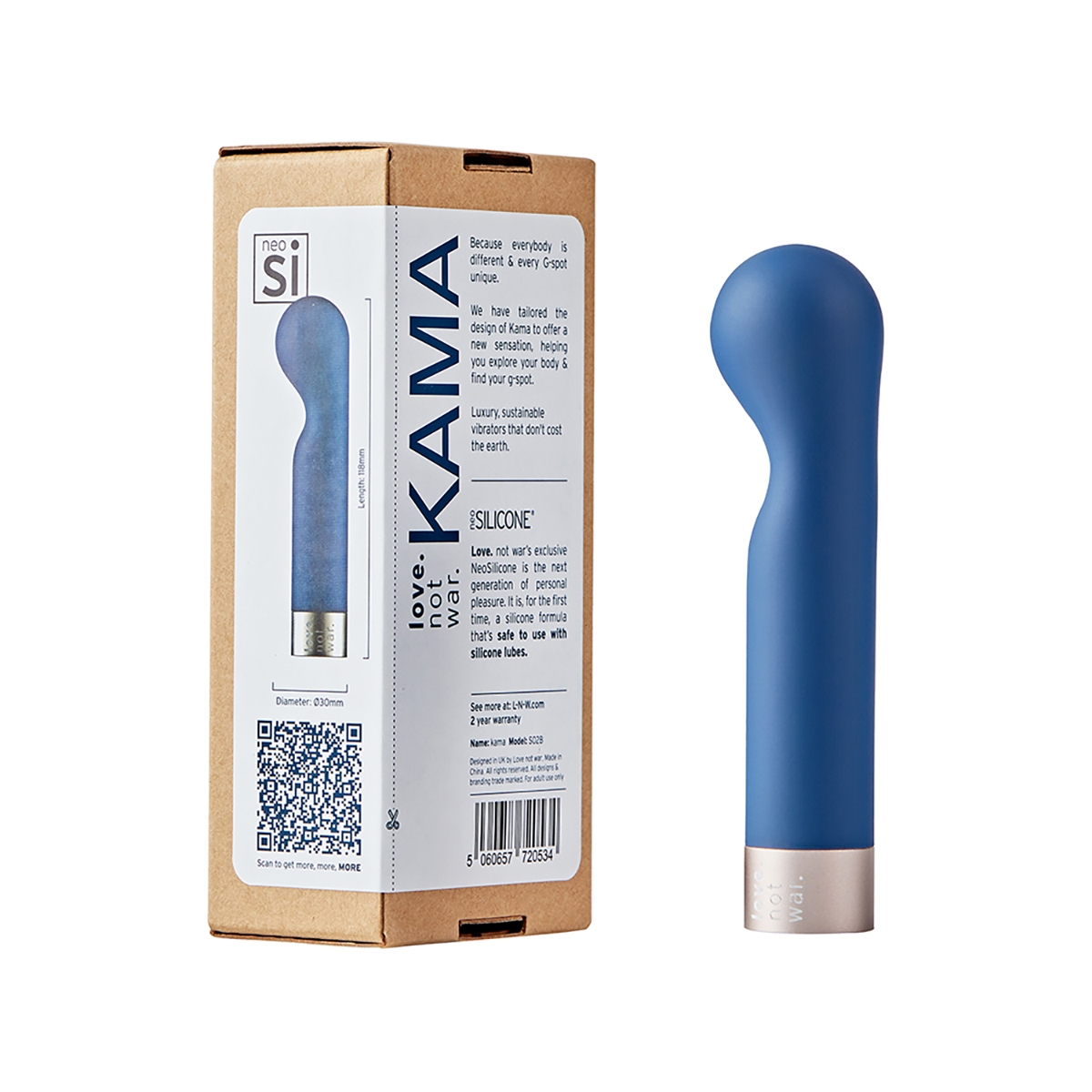 Blue Love Not War vibrator Kama Head shown in hand for scale