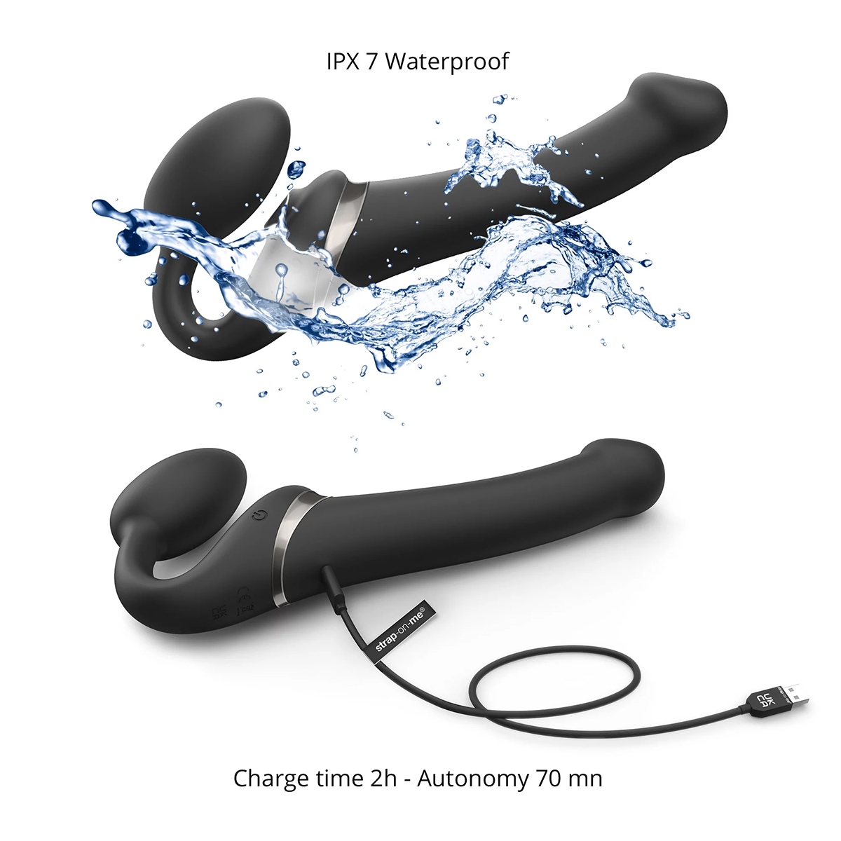 Product image of the Black Strap-On-Me vibrator on clean background