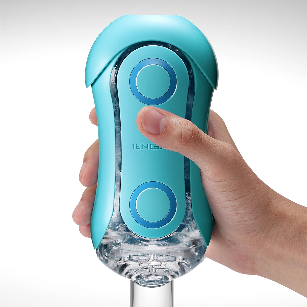 Angled view of the Blue TENGA vibrator designed for intimate use