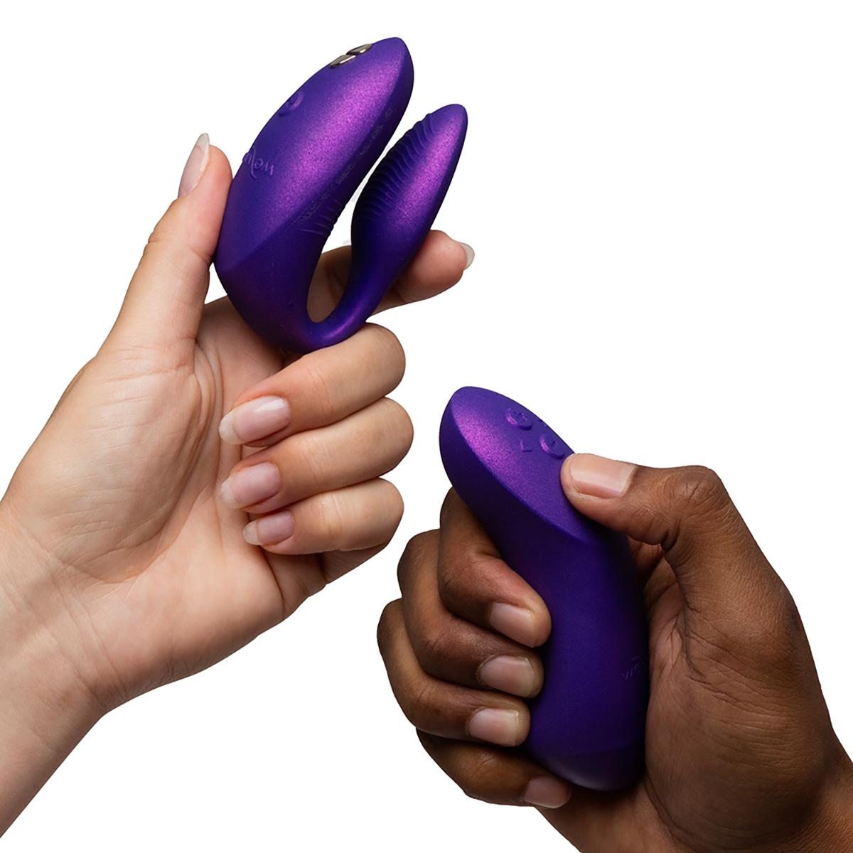 Lifestyle shot featuring the Purple We-Vibe vibrator beside the bed