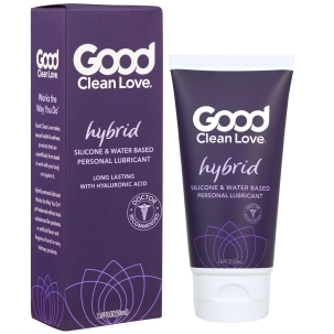 Bottle of 1.69 oz Hybrid Lube Good Clean Love showing water-silicone fusion formula