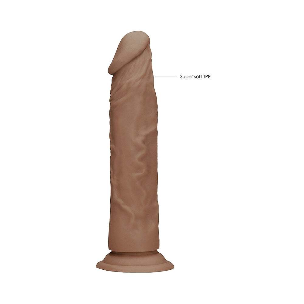 10 inch Dildo by Shots in Tan Light Brown Mocha displayed for pegging Him or Her