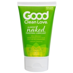 Bottle of 4 oz Plant Based Lube Good Clean Love showing botanical formula