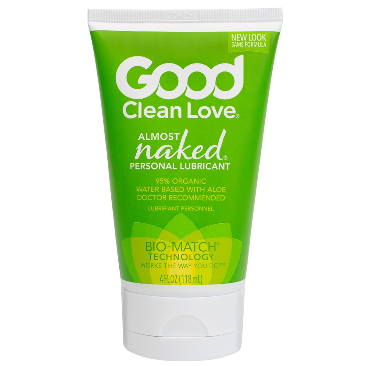Bottle of 4 oz Plant Based Lube Good Clean Love showing botanical formula