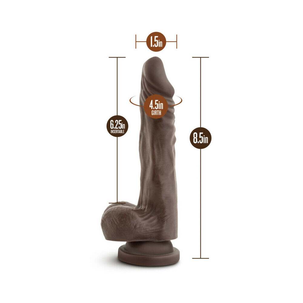 8.5 inch Dildo by Blush in Dark Brown displayed for pegging Him or Her