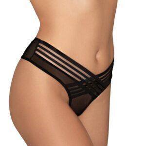 Black Panties Mesh Thong with Shadow Stripe Elastic Front Detail Black XL by Dreamgirl