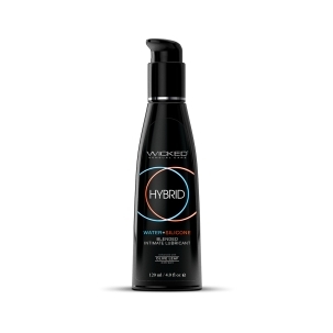 Bottle of  Hybrid Lube Wicked Sensual Care showing water-silicone fusion formula