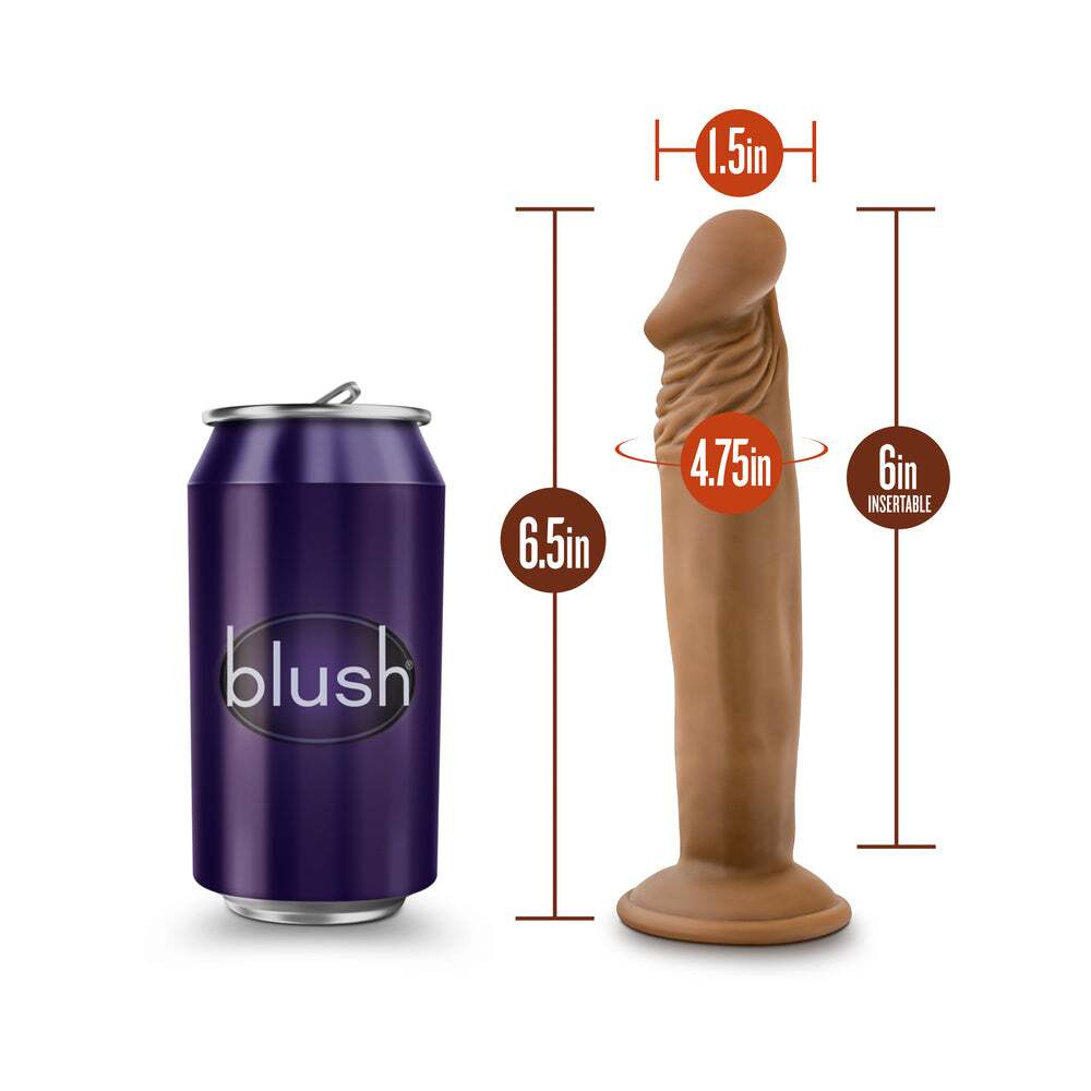 6.5 inch Dildo by Blush in Tan Light Brown Mocha displayed for pegging Him or Her