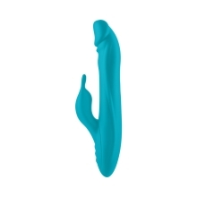 Turquoise Femme Funn vibrator FemmeFunn Booster Rabbit XL shown in hand for scale