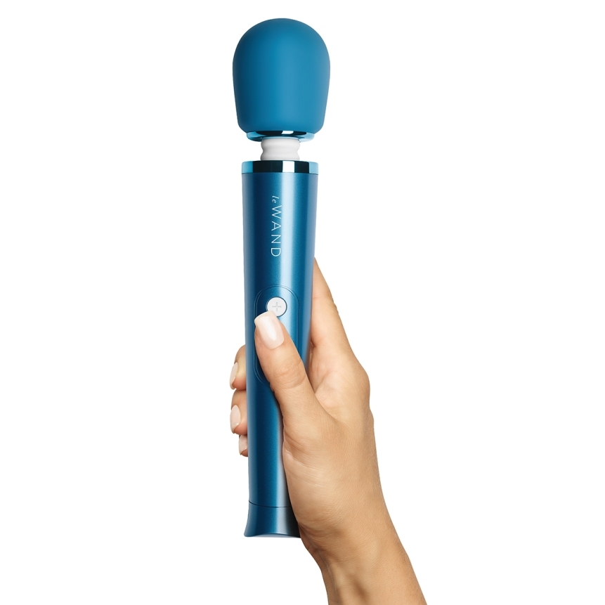 Close-up of the blue le wand vibrator for texture detail