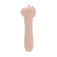 Pink Peach Creative Conceptions vibrator Unihorn USB Heart Throb shown in hand for scale
