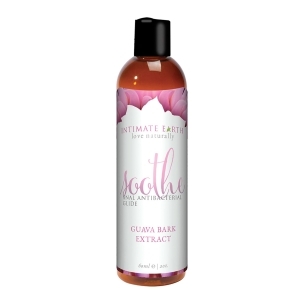 Bottle of 2 oz Water Based Lube Intimate Earth showing clean, lightweight formula