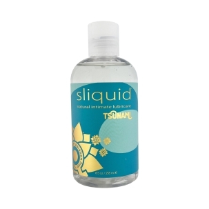 Bottle of  Water Based Lube Sliquid showing clean, lightweight formula