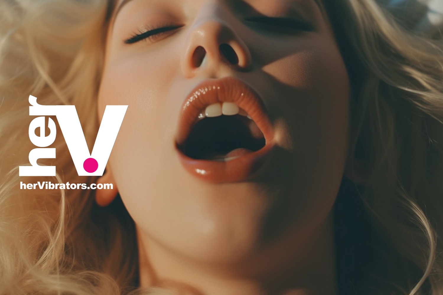 Close-up of a blonde woman with parted lips in a state of pleasure, featuring the herVibrators.com logo, representing a beginner vibrator experience.
