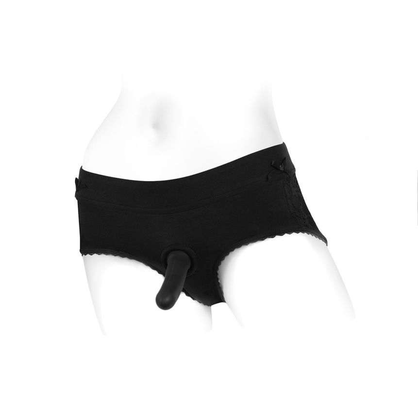 This version of the medium bella harness dildo black black nylon demonstrates premium materials chosen for durability, comfort, and intimate versatility