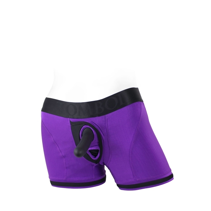 The Large Tomboii Purple Black Nylon harness dildo is styled with modern detailing that enhances both aesthetics and performance