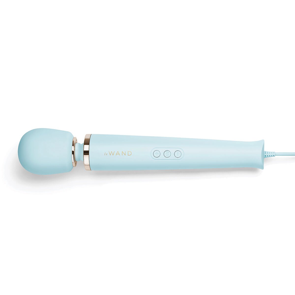 Blue Le Wand vibrator Corded shown in hand for scale