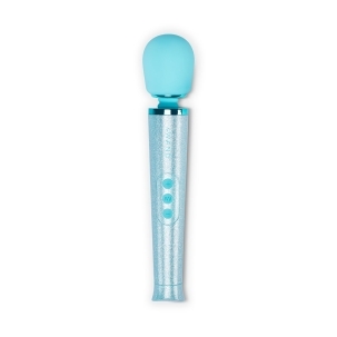 Blue Le Wand vibrator All That Glimmers shown in hand for scale