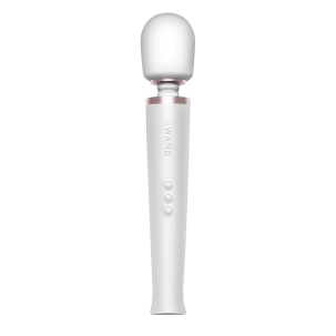White Le Wand vibrator Pearl shown in hand for scale
