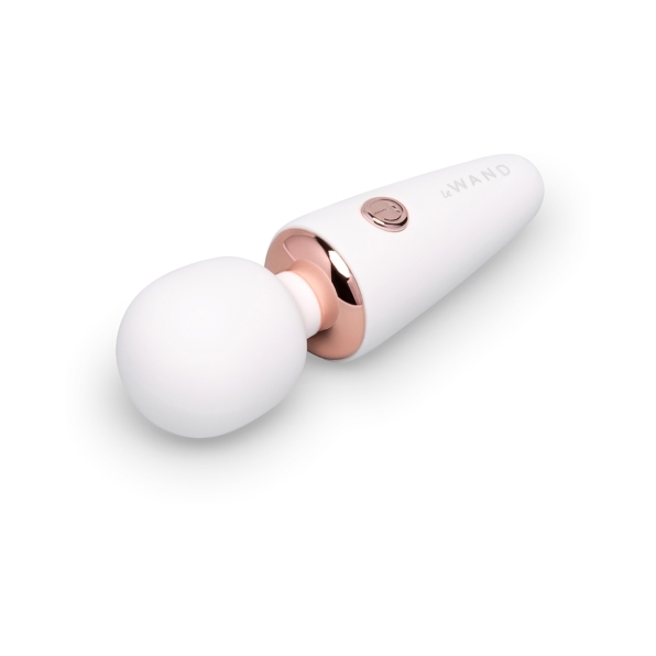 White Le Wand vibrator Mini Micro shown in hand for scale