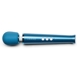 Blue Le Wand vibrator Petite shown in hand for scale