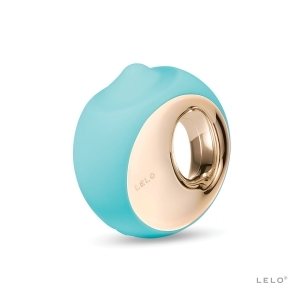 Aqua LELO vibrator Ora 3 shown in hand for scale