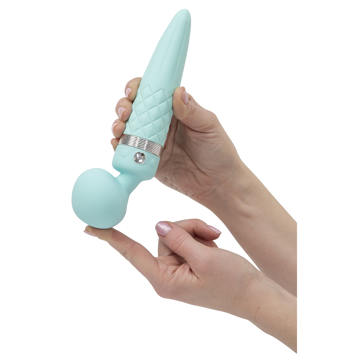 Angled view of the Teal BMS vibrator designed for intimate use