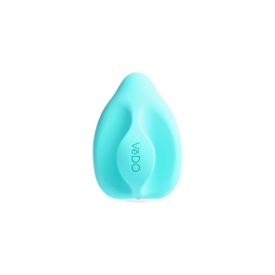Turquoise VeDO vibrator Yumi Finger shown in hand for scale