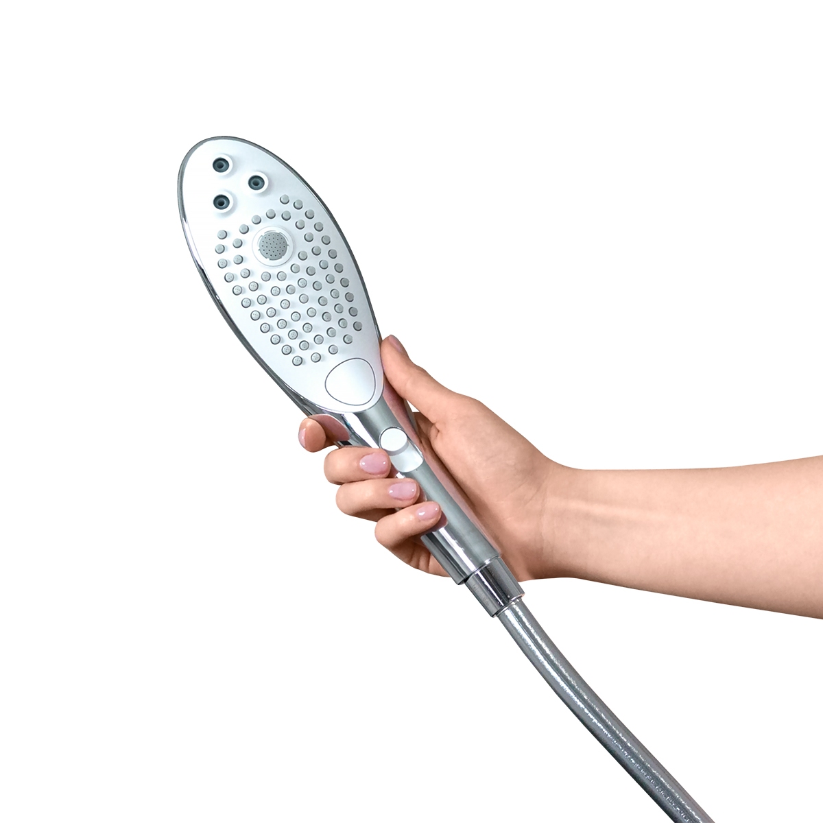 Angled view of the Chrome Womanizer vibrator designed for intimate use