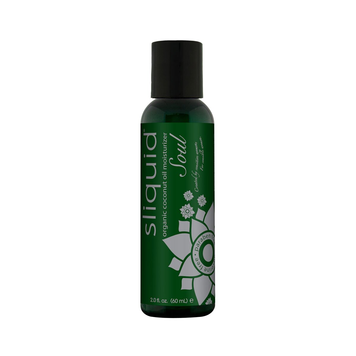 Bottle of 2 oz Plant Based Lube Sliquid showing botanical formula