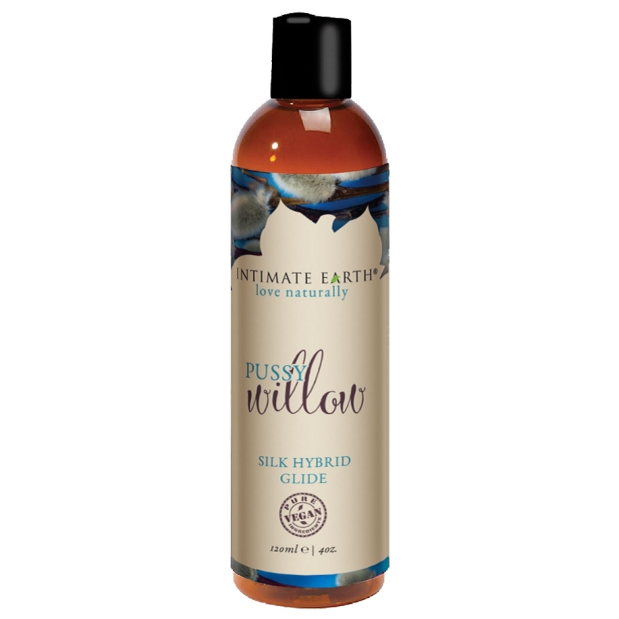 Bottle of 4 oz Vegan Lube Intimate Earth showing plant-powered formula