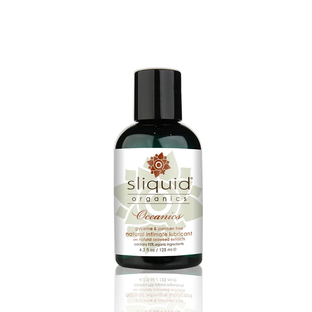 Bottle of 4.2 oz Plant Based Lube Sliquid showing botanical formula