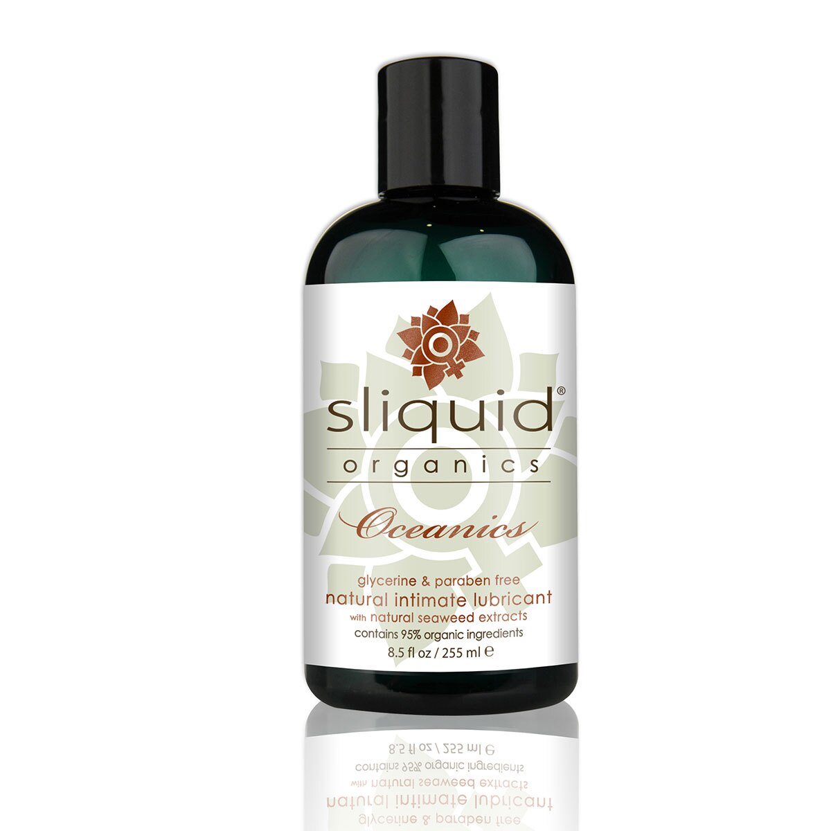 Bottle of 8.5 oz Plant Based Lube Sliquid showing botanical formula