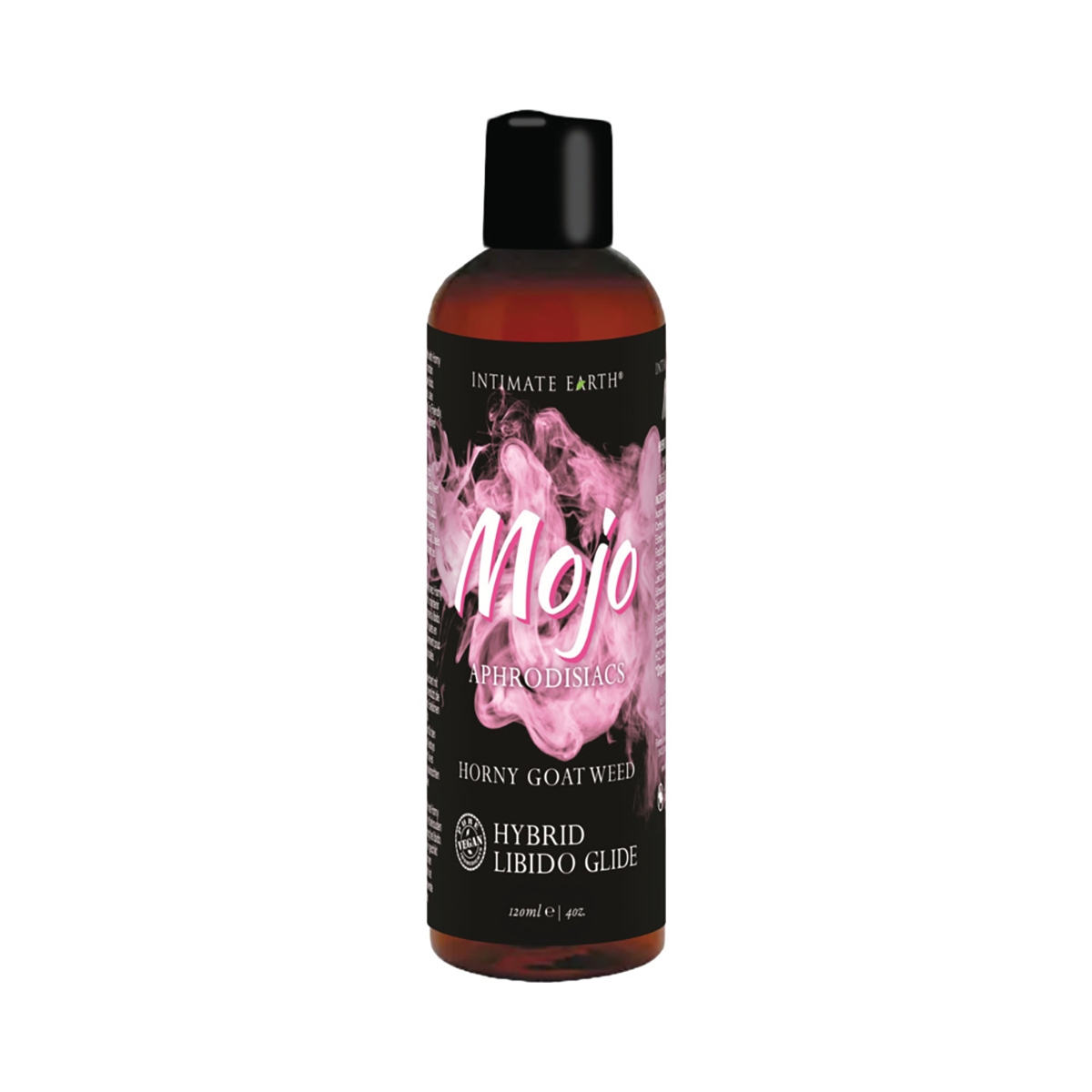 Bottle of  Vegan Lube Intimate Earth showing plant-powered formula