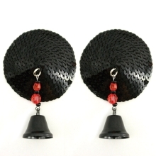 Feel sexy wearing sexy nipple covers  Round Black Sequin w Bells! Wearing Round Black Sequin w Bells nipples covers by Bijoux de Nip can be fun and sexy!