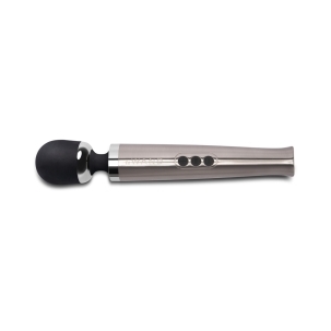 Silver Le Wand vibrator Die Cast Rech shown in hand for scale