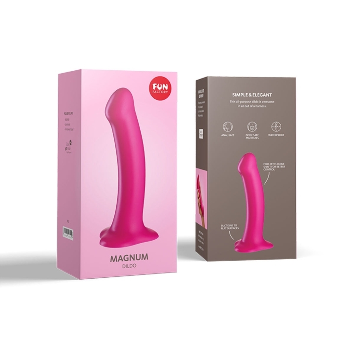 7.5 inch Dildo by Fun Factory in Hot Pink Magenta Fuchsia displayed for pegging Him or Her