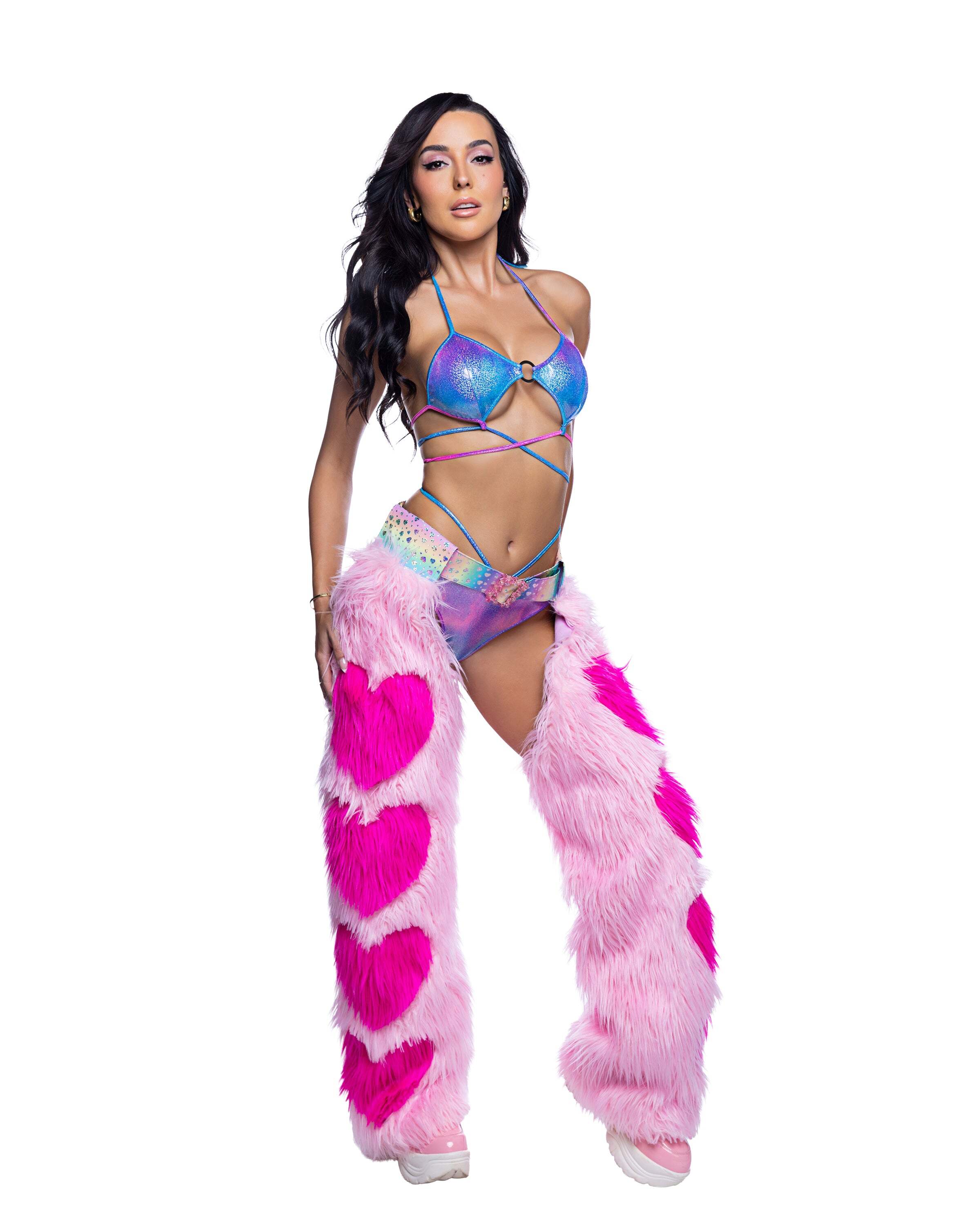 Pink Furry Heart Rave Chaps with plush faux-fur texture