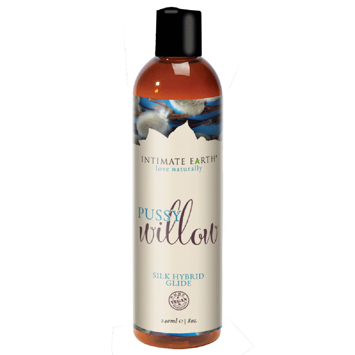 Bottle of 8 oz Vegan Lube Intimate Earth showing plant-powered formula
