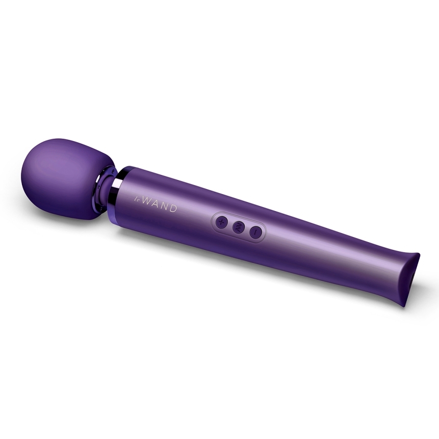 Angled view of the purple le wand vibrator designed for intimate use