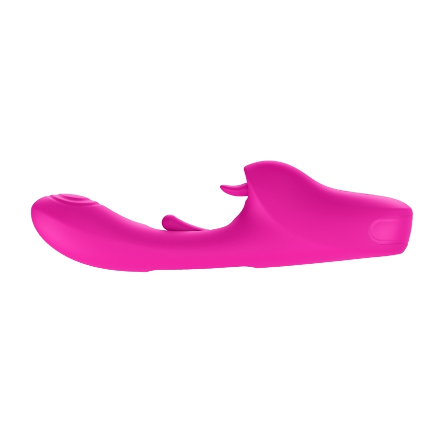 Pink Luv Inc vibrator Tr46 Tapping Tongue Rabbit shown in hand for scale