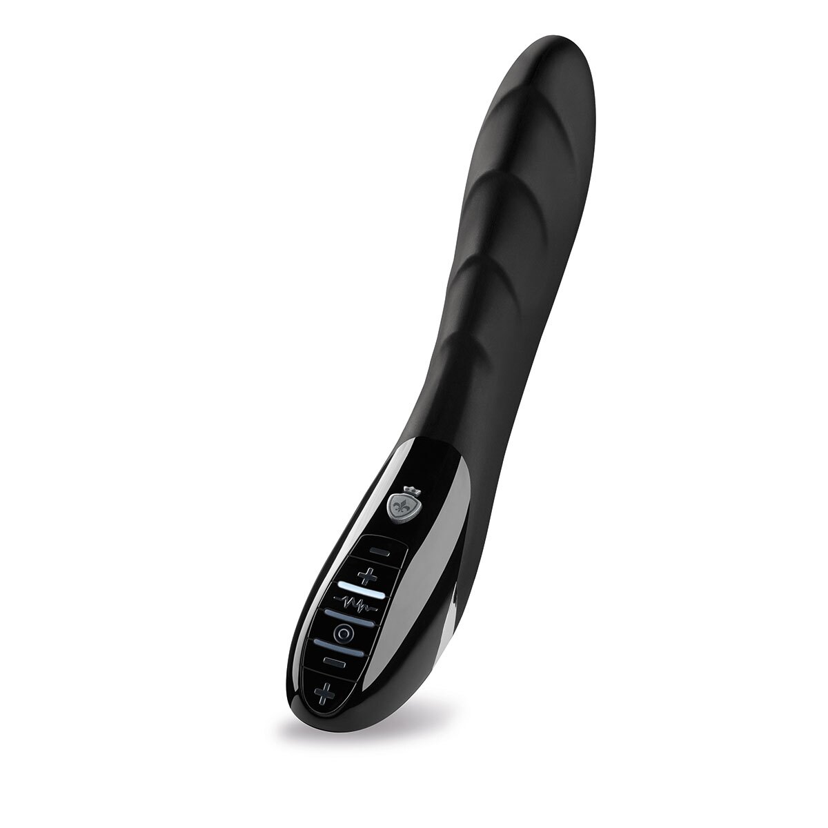 Black Mystim vibrator Sizzling Simon E-Stim shown in hand for scale