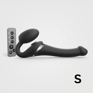 Black Strap-On-Me vibrator Orgasm Small Bendable Strap-On shown in hand for scale