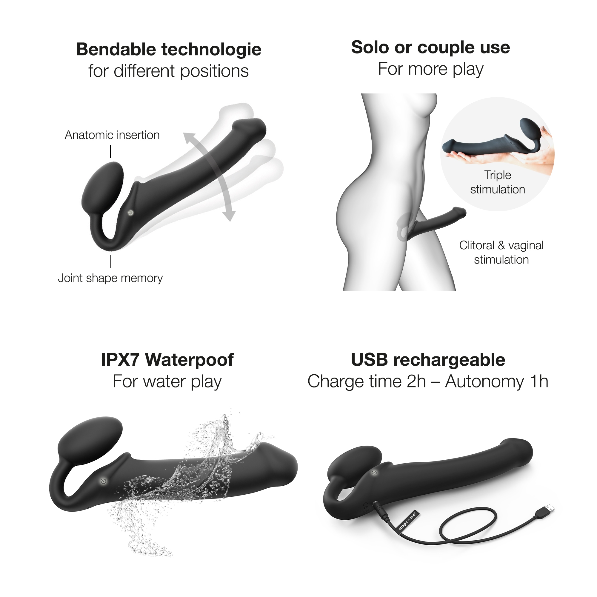 Product image of the Black Strap-On-Me vibrator on clean background