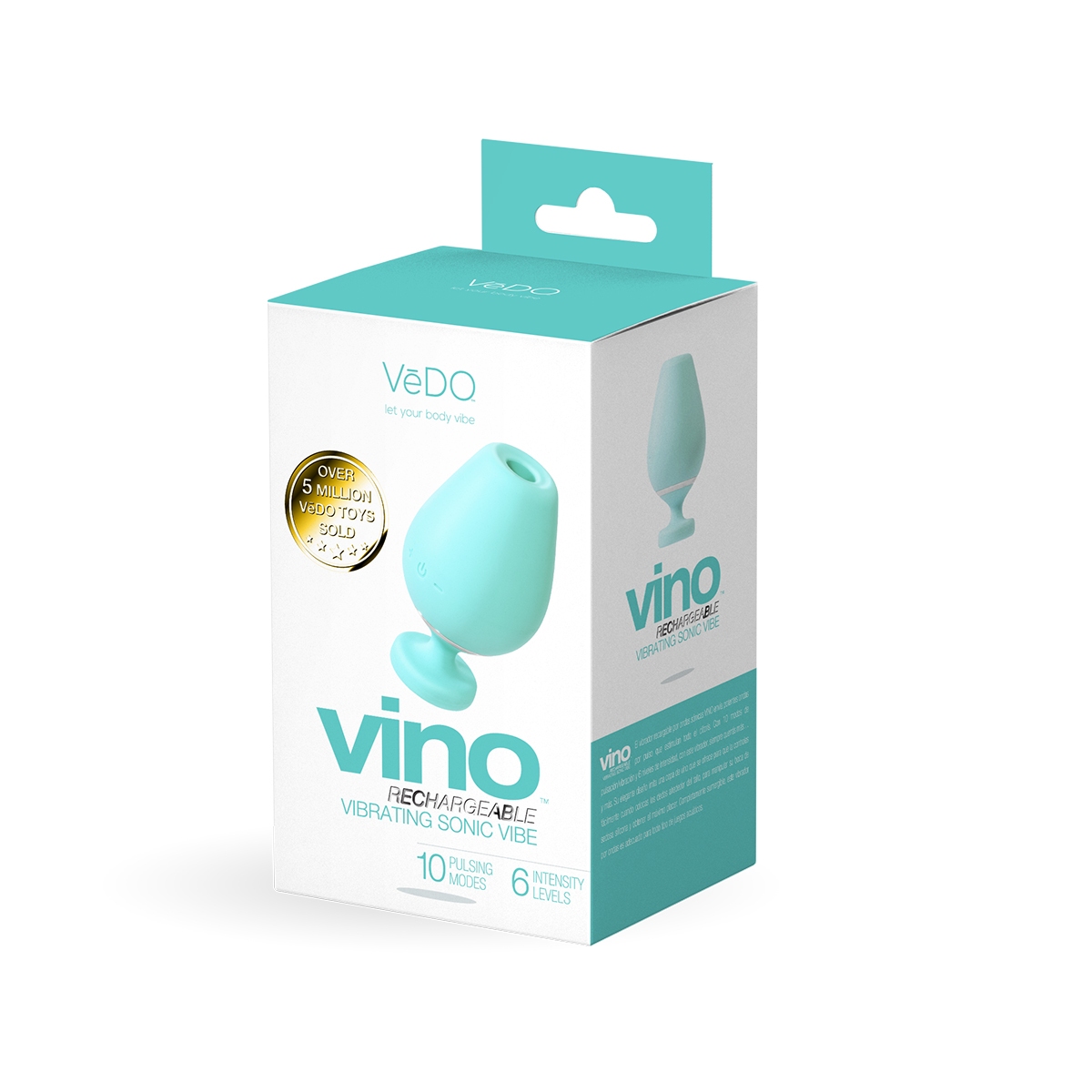 Angled view of the Turquoise VeDO vibrator designed for intimate use