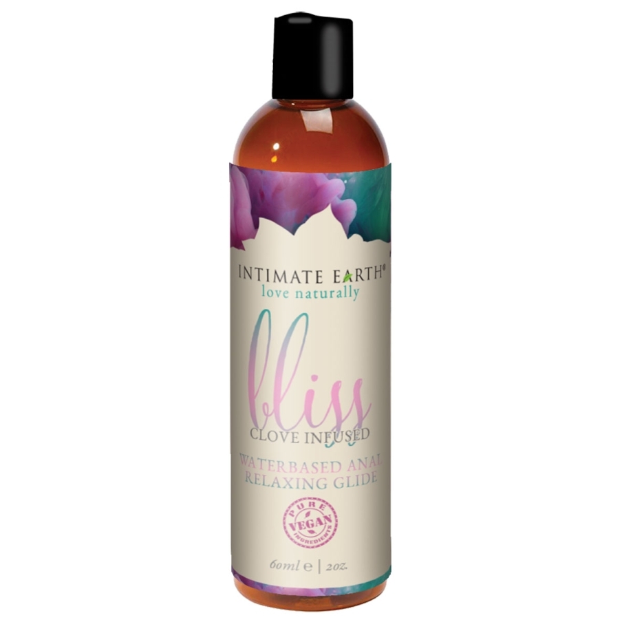 Bottle of 2 oz Water Based Lube Intimate Earth showing clean, lightweight formula